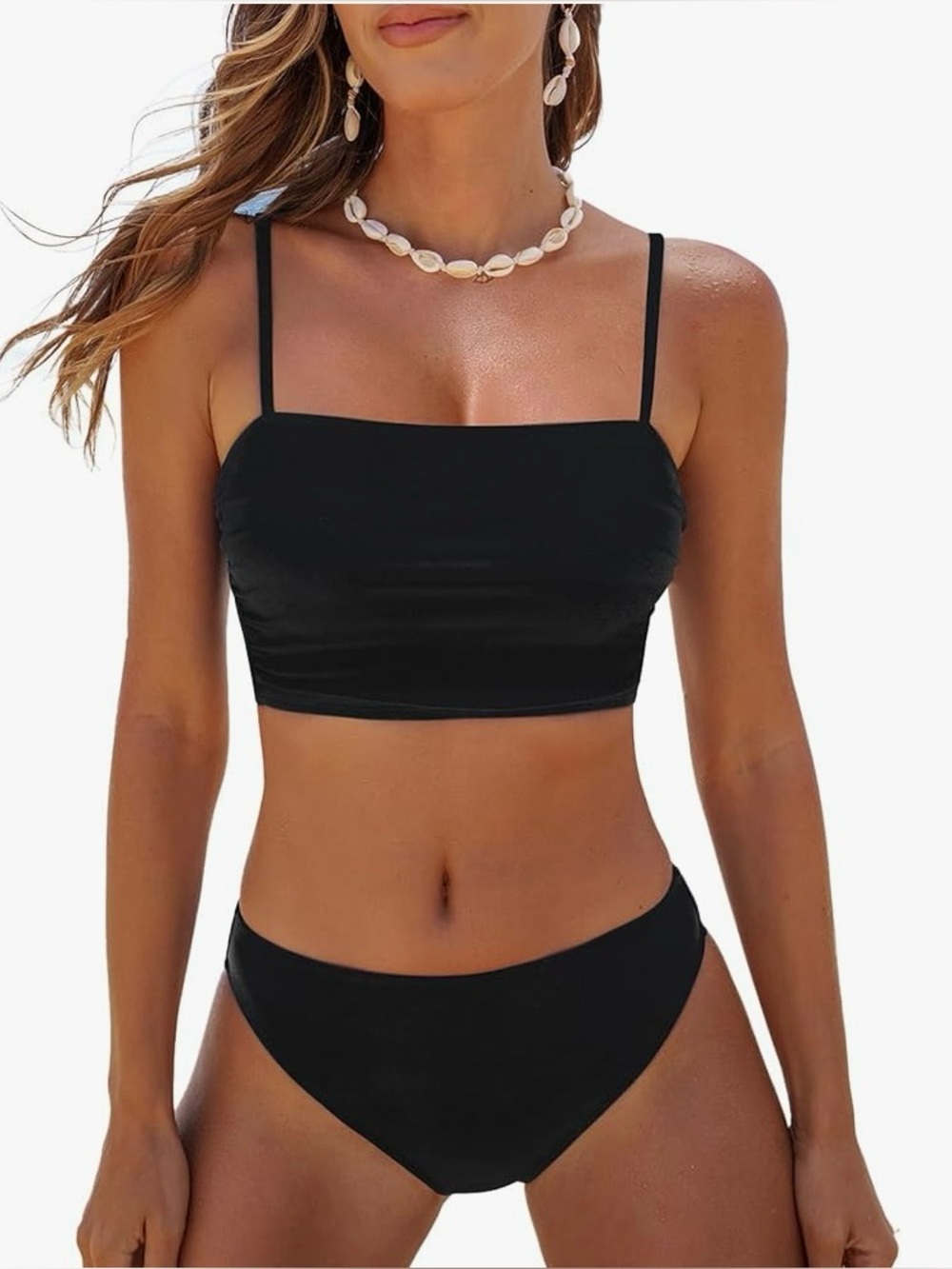 Cupsne Black Mid-Rise Ruched Swimsuit With Adjustable Straps